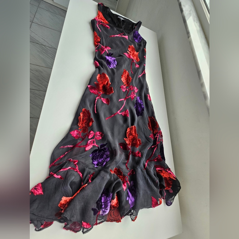Betsey Johnson Vintage  Black Purple Red Orange Velvet Applique Ruffled Dress - Picture 6 of 16